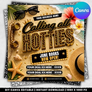 May include: A beach-themed advertisement with the text "Calling all Hotties." The design includes a leopard-print telephone, sunglasses, a straw hat, and seashells. The text "June Books Now Open!" is also displayed.