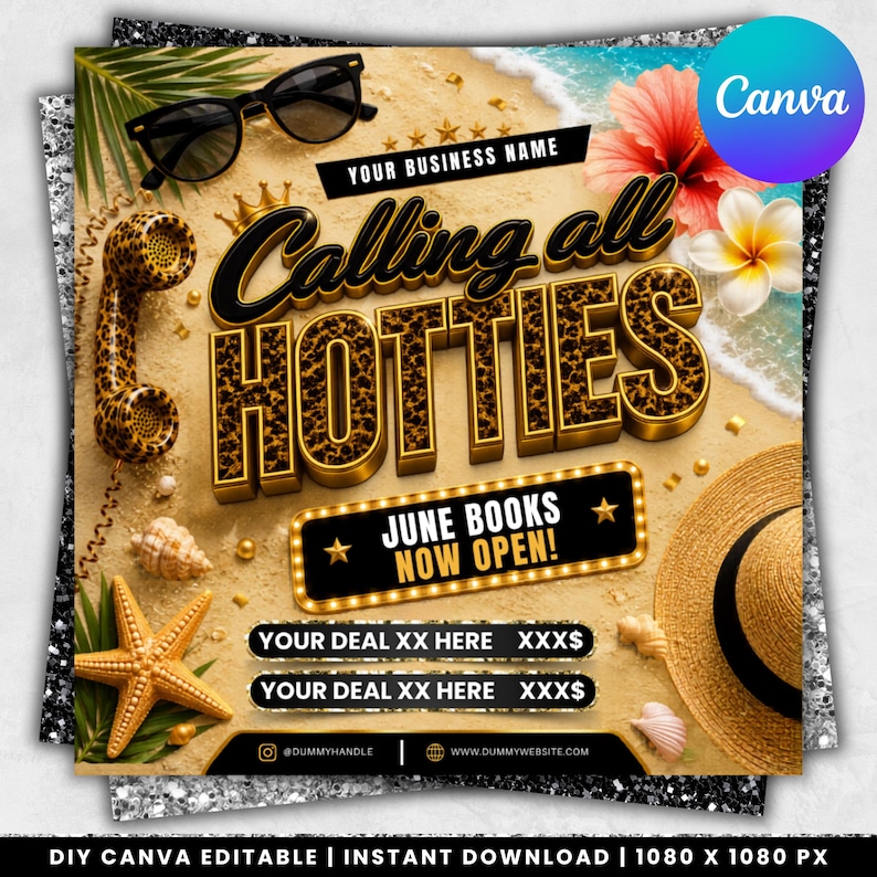 May include: A beach-themed advertisement with the text "Calling all Hotties." The design includes a leopard-print telephone, sunglasses, a straw hat, and seashells. The text "June Books Now Open!" is also displayed.