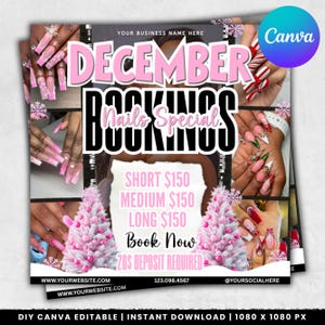May include: A promotional flyer for December nail bookings. The design features a collage of nail art images, pink text that reads "December Bookings Nails Special", and a price list for short, medium, and long nails. Includes website and social media information.