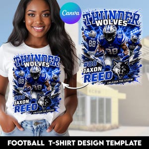 May include: A white t-shirt featuring a blue and white graphic design of a football player in a Thunder Wolves uniform with the text Thunder Wolves, #88 Jaxon Reed, and Unleash The Storm. The design includes lightning effects and a wolf head.
