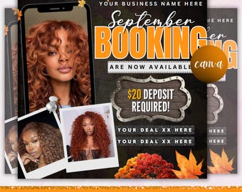 September booking flyer, September Calendar, Fall Season Booking Flyer, Fall Szn Sale, Wig Install, Lash Nail Braids Flyer, Canva Editable