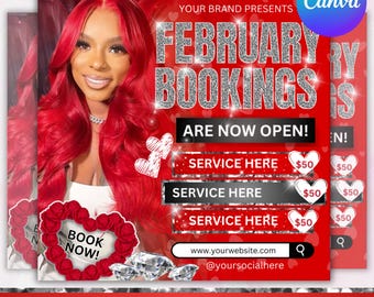 February Booking Flyer, Valentine's Day Booking Flyer, Appointment Booking Flyer, Hair Braids Nail Lash Makeup Wig Install, Canva Editable