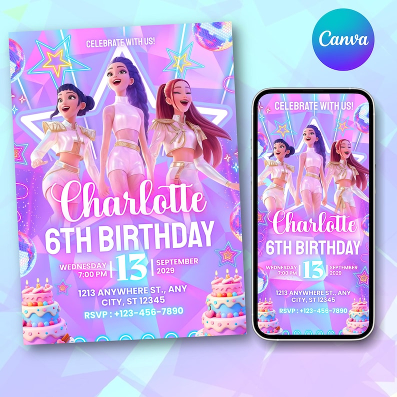 Rose Gold Birthday Invitation Template: Let's Party Invite (Canva Editable PDF)
Editable Birthday Invitation| Anime Theme party| Anime Invite| Birthday Party| Kids Birthday Invite| Canva Template| Kpop Birthday InviteEditable Rainbow Sequin 5th Birthday Invitation: Printable Canva Template (Black Bow Birthday Invitation Template: Elegant Editable Party Invite, Digital Download for Printable and Phone Format