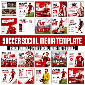 Puede incluir: Un paquete de plantillas digitales para redes sociales sobre fútbol con diseños gráficos en rojo y blanco. La colección incluye varios diseños para calendarios de partidos, perfiles de jugadores, actualizaciones de partidos y resultados.