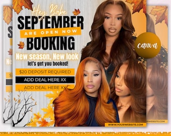 September booking flyer, September Calendar, Fall Season Booking Flyer, Fall Szn Sale, Wig Install, Lash Nail Braids Flyer, Canva Editable