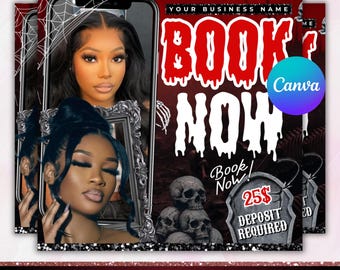 Bokningsflyer för oktober, böcker öppna i oktober, Halloween-hårflyer, läskig SZN-flyer, hårflyer för oktober, naglar MUA-fransar, redigerbar Canva