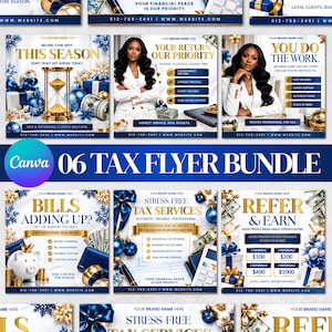 Puede incluir: Un paquete de marketing digital con seis plantillas de folletos fiscales en un esquema de colores azul, blanco y dorado. Los diseños incluyen textos como THIS SEASON, YOUR RETURN OUR PRIORITY, YOU DO THE WORK, BILLS ADDING UP, STRESS FREE TAX SERVICES y REFER & EARN.