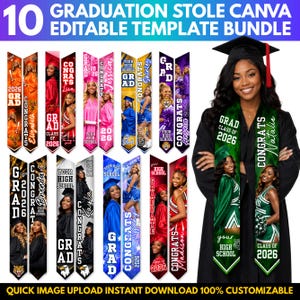 Può includere: Un pacchetto digitale di 10 modelli modificabili per stole di laurea con vari schemi di colore, foto di studenti e testo come GRAD, CONGRATS e 2026. I modelli sono mostrati accanto a un laureato che indossa una stola verde.