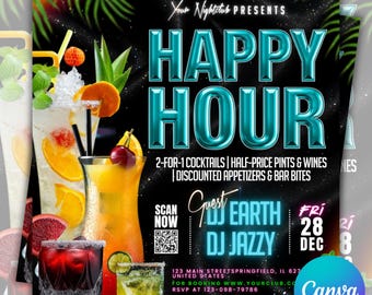 Happy Hour-flyer, flygblad för damernas kväll, evenemangsflyer, tropisk Happy Hour, cocktailflyer, ölflyer, bar & grill, tropisk, bar, CANVA EDIT.