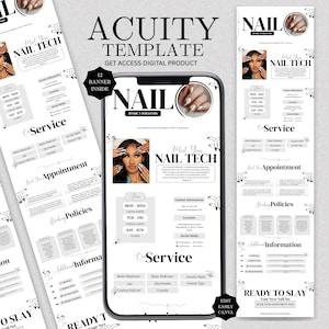 Può includere: Modello Acuity per tecnici delle unghie, con un mockup di smartphone con design di nail art e dettagli dei servizi. Include il testo: "Meet Your Nail Tech", "Ready to Slay" e le opzioni di servizio.