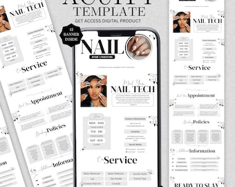 May include: Acuity template for nail technicians, featuring a smartphone mockup with nail art designs and service details. Includes text: "Meet Your Nail Tech", "Ready to Slay", and service options.