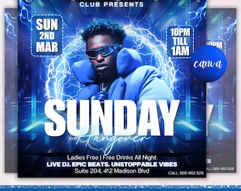 Sonntag Hangover Party Flyer, Sonntagsparty Flyer, Sonntags Club Party Flyer, Sonntags Club Flyer Vorlage, Club Party Flyer, Canva Bearbeitbar