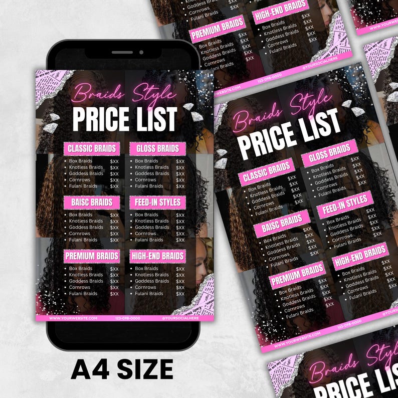 Braids Pricelist, Braids Price List Flyer,Knotless Braids Flyer,Beauty Salon Price Sheet, Premade Lash hair Nails Price List, Canva Editable
Beauty Salon Price List Template: Customizable Canva Design (Digital Download)Braids Pricelist, Hair Styles Braiding Price Guide, DIY Flyer Template Design, Beauty Salon Price Sheet, Premade Lash hair Nails Price List
Braids Price List Flyer Template | Editable Hair Pricing Flyer Canva | Braid Styles Pricelist Digital Download