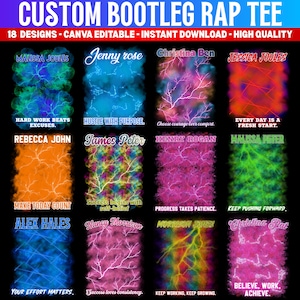 Op de afbeelding: Een digitale collectie van twaalf aangepaste bootleg rap t-shirt ontwerpen met levendige bliksem- en rookpatronen in verschillende kleuren. Elke afbeelding bevat een naam bovenaan en een inspirerende quote onderaan, zoals Hard Work Beats Excuses, Hustle With Purpose en Choose Courage Over Comfort.