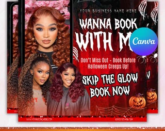 Bokningsflyer för oktober, böcker öppna i oktober, Halloween-hårflyer, läskig SZN-flyer, hårflyer för oktober, naglar MUA-fransar, redigerbar Canva