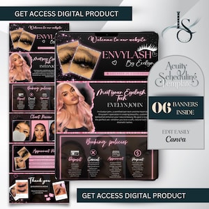 May include: Digital product advert for Envylash by Evelyn, showing a tablet with website content, booking policies, and client reviews. Includes an Acuity Scheduling template with 6 banners, and text that says "Edit Easily Canva".