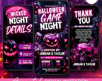 May include: Three digital mobile phone screens displaying a Halloween game night invitation template with purple and pink neon lighting, featuring a jack-o'-lantern, dice, playing cards, a skull, and text including Wicked Night Details and Thank You.