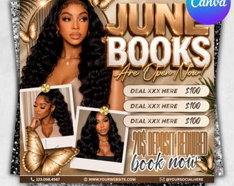 June Booking Flyer, Summer Booking Flyer, June Books Open, June Summer Hair Flyer, June Nails Flyer, June Lashes Flyer, Canva Editable