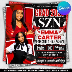May include: A graduation announcement with a photo of a graduate in a red cap and gown. The announcement includes the text "GRAD 2026 SZN EMMA CARTER SPRINGFIELD HIGH SCHOOL" and event details.