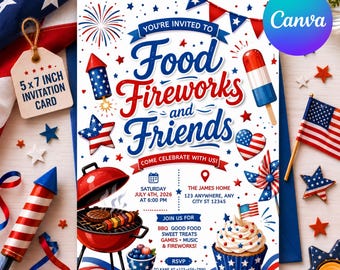 4th Of July BBQ Invitation, Party In USA Invite, Independence Day BBQ Barbeque Invite, July Fourth Food Friend and Firework, Editable Canva