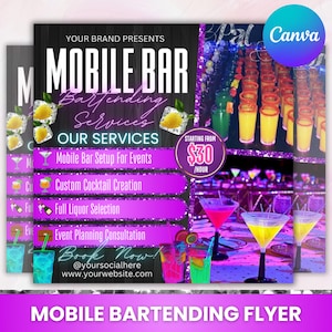 May include: A promotional flyer for mobile bartending services. The design features a dark background with white and purple text, including "MOBILE BAR" and service details. Colorful cocktails and bar setup images are included.