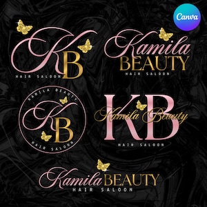 May include: A collection of logos for a hair salon, featuring the text "Kamila Beauty" and "KB" in various elegant fonts. The designs incorporate gold butterflies and a pink and gold color scheme, set against a dark, textured background.