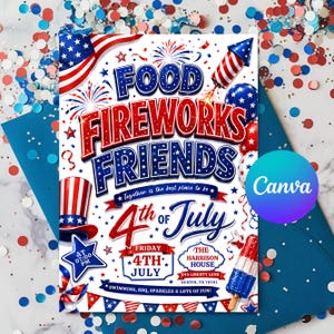 4th Of July BBQ Invitation, Party In USA Invite, Independence Day BBQ Barbeque Invite, July Fourth Food Friend and Firework, Editable Canva250th America Anniversary Invitation, USA Patriotic 4th of July Party Invite, Independence Day Invitation, Editable Canva Template
4th of July Invitation Template, USA Independence Day Invitation, Summer Party Invitation, Editable Canva BBQ Invite,
