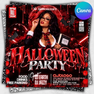 Può includere: Un volantino per una festa di Halloween con una persona dai lunghi capelli scuri e occhiali, che indossa una cravatta e un top a quadri. Il design include una luna rossa, pipistrelli e il testo HALLOWEEN PARTY, con dettagli su cibo, bevande e DJ.