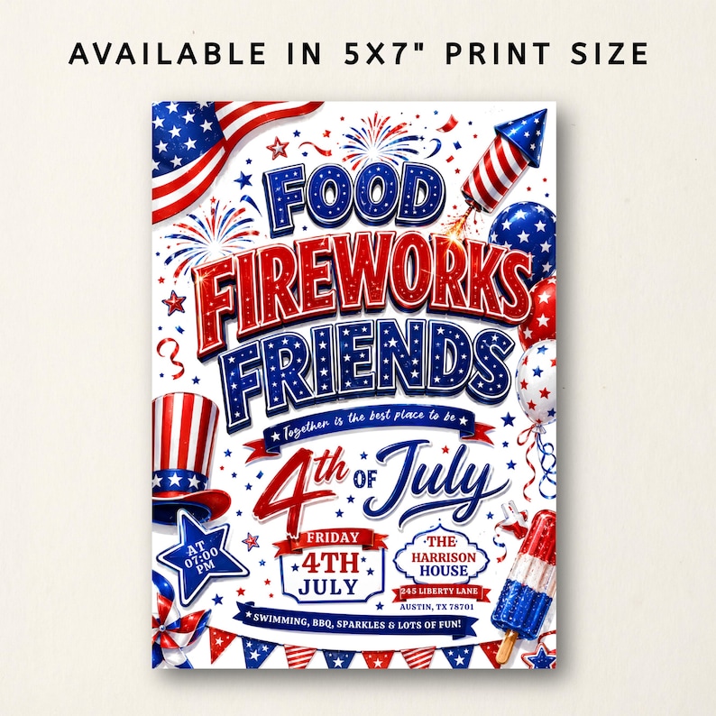 4th Of July BBQ Invitation, Party In USA Invite, Independence Day BBQ Barbeque Invite, July Fourth Food Friend and Firework, Editable Canva250th America Anniversary Invitation, USA Patriotic 4th of July Party Invite, Independence Day Invitation, Editable Canva Template
4th of July Invitation Template, USA Independence Day Invitation, Summer Party Invitation, Editable Canva BBQ Invite,