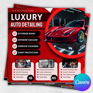 May include: Red and white promotional flyer for luxury auto detailing services. The flyer features a red sports car, service descriptions, and pricing. Services include exterior wash, interior vacuum, window cleaning, and paint protection. Additional services include carpet shampooing, scratch removal, paint restoration, and hand wax.
