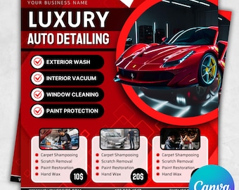 May include: Red and white promotional flyer for luxury auto detailing services. The flyer features a red sports car, service descriptions, and pricing. Services include exterior wash, interior vacuum, window cleaning, and paint protection. Additional services include carpet shampooing, scratch removal, paint restoration, and hand wax.