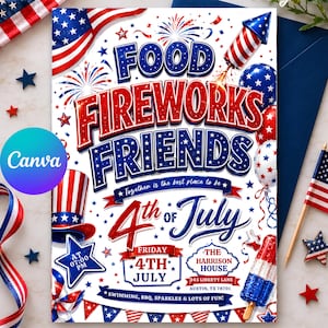 4th Of July BBQ Invitation, Party In USA Invite, Independence Day BBQ Barbeque Invite, July Fourth Food Friend and Firework, Editable Canva250th America Anniversary Invitation, USA Patriotic 4th of July Party Invite, Independence Day Invitation, Editable Canva Template
4th of July Invitation Template, USA Independence Day Invitation, Summer Party Invitation, Editable Canva BBQ Invite,