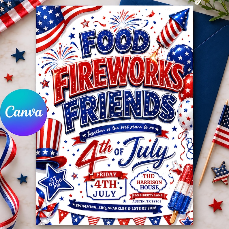 4th Of July BBQ Invitation, Party In USA Invite, Independence Day BBQ Barbeque Invite, July Fourth Food Friend and Firework, Editable Canva250th America Anniversary Invitation, USA Patriotic 4th of July Party Invite, Independence Day Invitation, Editable Canva Template
4th of July Invitation Template, USA Independence Day Invitation, Summer Party Invitation, Editable Canva BBQ Invite,