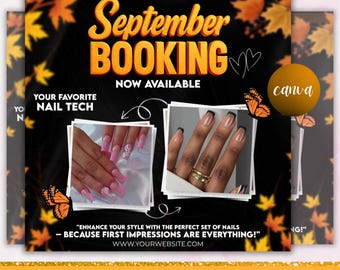 September booking flyer, September Calendar, Fall Season Booking Flyer, Fall Szn Sale, Wig Install, Lash Nail Braids Flyer, Canva Editable