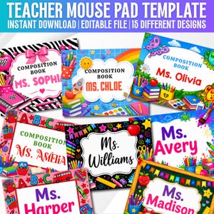 May include: A collection of fifteen rectangular mouse pad templates featuring colorful school-themed graphics, including illustrations of composition books, crayons, pencils, and apples, with customizable text fields for teacher names.