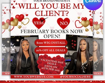 February Booking Flyer, Valentine's Day Booking Flyer, Appointment Booking Flyer, Hair Braids Nail Lash Makeup Wig Install, Canva Editable