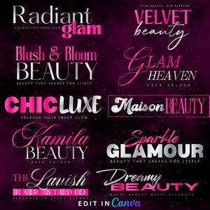 Puede incluir: Una colección de logotipos de salones de belleza y peluquerías en varias fuentes y colores, incluyendo rosa, plata y blanco. Los logotipos presentan frases como "Radiant Glam", "Blush & Bloom Beauty" y "Dreamy Beauty". El texto "Edit in Canva" está en la parte inferior.