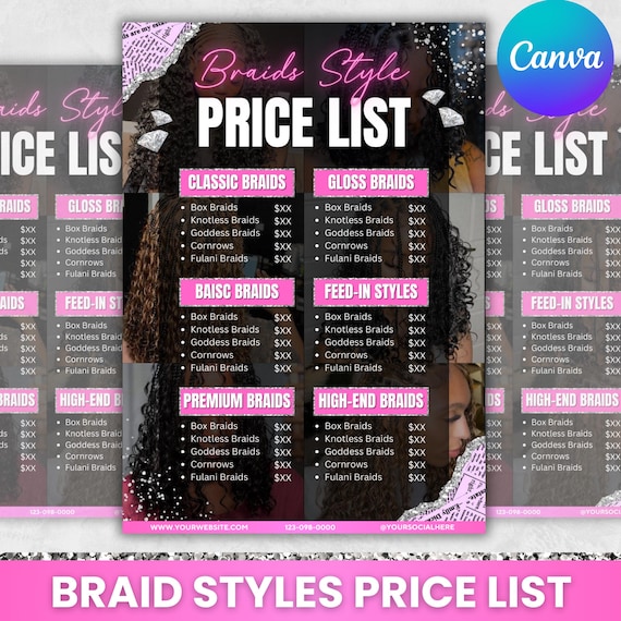 Braids Pricelist, Braids Price List Flyer,Knotless Braids Flyer,Beauty Salon Price Sheet, Premade Lash hair Nails Price List, Canva Editable