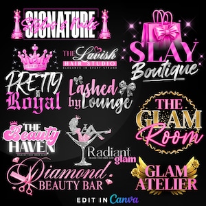 May include: A collection of pink and gold logos on a black background. Logos include text such as "Signature Styles & Nails", "The Lavish Hair Studio", "Slay Boutique", "Pretty by Royal", and "Diamond Beauty Bar".