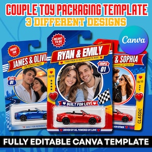 May include: Three digital templates for toy car packaging featuring blue, red, and white designs. Each template includes a circular photo frame, space for names like Ryan & Emily, and a plastic blister pack containing a miniature convertible car.