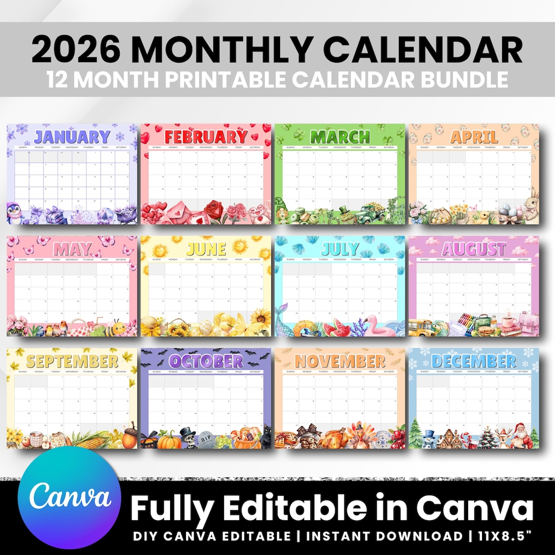 Editable 2026 Monthly Calendar, Cute Printable 2026 Planner for Kids ...