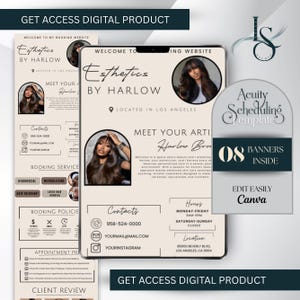 Peut inclure: Modèle numérique pour un site web d'esthétique, avec "Esthetics by Harlow." Comprend les coordonnées, les services de réservation et les politiques de rendez-vous. Le modèle est conçu pour Canva et comprend huit bannières. Le texte "Get Access Digital Product" est également visible.
