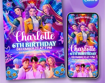 Kpop Birthday Invitation Canva Template, Anime Party Invite, Kpop Demon Hunters Birthday Invitation, Editable Kids Invite, Instant Download