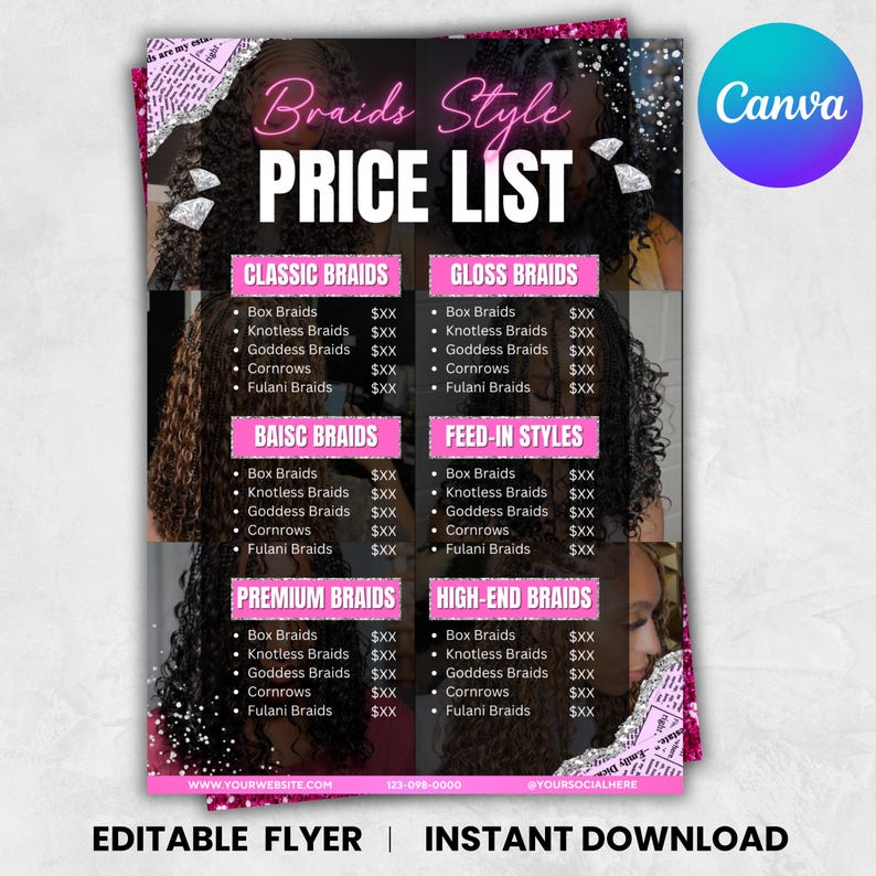 Braids Pricelist, Braids Price List Flyer,Knotless Braids Flyer,Beauty Salon Price Sheet, Premade Lash hair Nails Price List, Canva Editable
Beauty Salon Price List Template: Customizable Canva Design (Digital Download)Braids Pricelist, Hair Styles Braiding Price Guide, DIY Flyer Template Design, Beauty Salon Price Sheet, Premade Lash hair Nails Price List
Braids Price List Flyer Template | Editable Hair Pricing Flyer Canva | Braid Styles Pricelist Digital Download