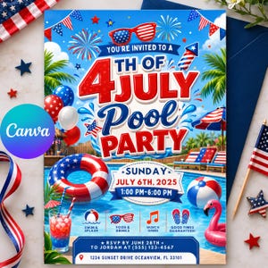May include: A 4th of July pool party invitation featuring red, white, and blue colors, fireworks, palm trees, a swimming pool, a patriotic float, a beach ball, and a pink flamingo float. Text includes date, time, location, and RSVP details.