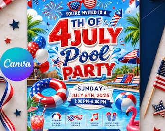 4th of July Pool Party Invitation, Patriotic Swim Party Invite (Editable Canva Template)