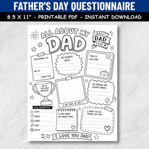 Pode incluir: Questionário do Dia dos Pais em preto e branco, PDF para impressão. O design inclui seções para preencher com detalhes pessoais, favoritos e um espaço para escrever "Eu te amo, pai!". O papel mede 21,6 x 27,9 cm.