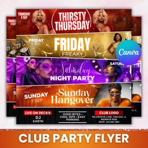 Puede incluir: Una pila de folletos de fiesta en club con una combinación de colores rojo, dorado y morado. Cada folleto presenta un día diferente de la semana, con los textos "Thirsty Thursday", "Friday Freaky", "Saturday Night Party" y "Sunday Hangover". Los folletos incluyen imágenes de personas y detalles del evento.
