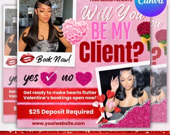 February Booking Flyer, Valentines Day Booking Flyer, February Booking Flyer, Hair Braids Nail Lash Makeup Wig Install , Canva Editable