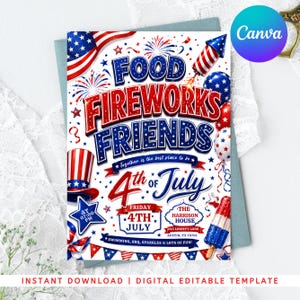 4th Of July BBQ Invitation, Party In USA Invite, Independence Day BBQ Barbeque Invite, July Fourth Food Friend and Firework, Editable Canva250th America Anniversary Invitation, USA Patriotic 4th of July Party Invite, Independence Day Invitation, Editable Canva Template
4th of July Invitation Template, USA Independence Day Invitation, Summer Party Invitation, Editable Canva BBQ Invite,